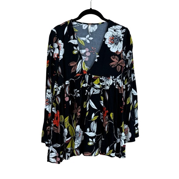 Free People Bella Print Longsleeve Tunic Top Black Floral  Deep V Neck sz XS - Picture 1 of 5